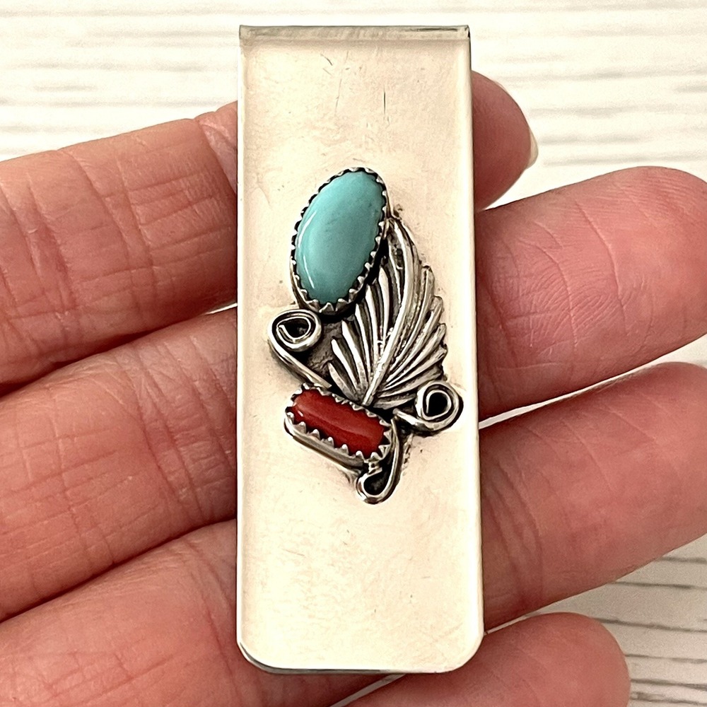 Navajo Money Clip Turquoise Red Coral Silver 2in Mens Gift Handmade Native Amer